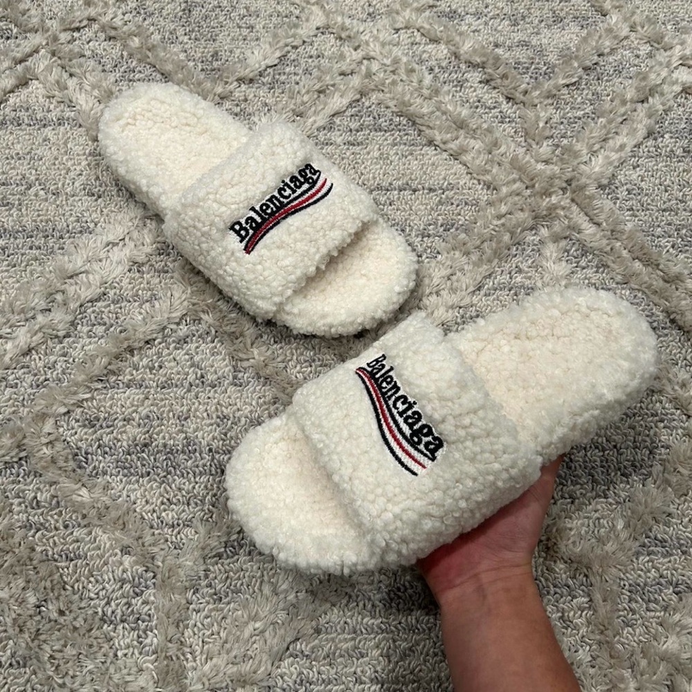 Balenciaga Cream Fleece Slide Slippers with Red & Navy Stripe